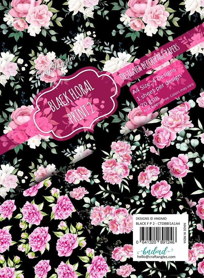 CrafTangles Decoupage Paper Pack - Black Floral Print 2 (A4) - 4 Sheets - Image 3